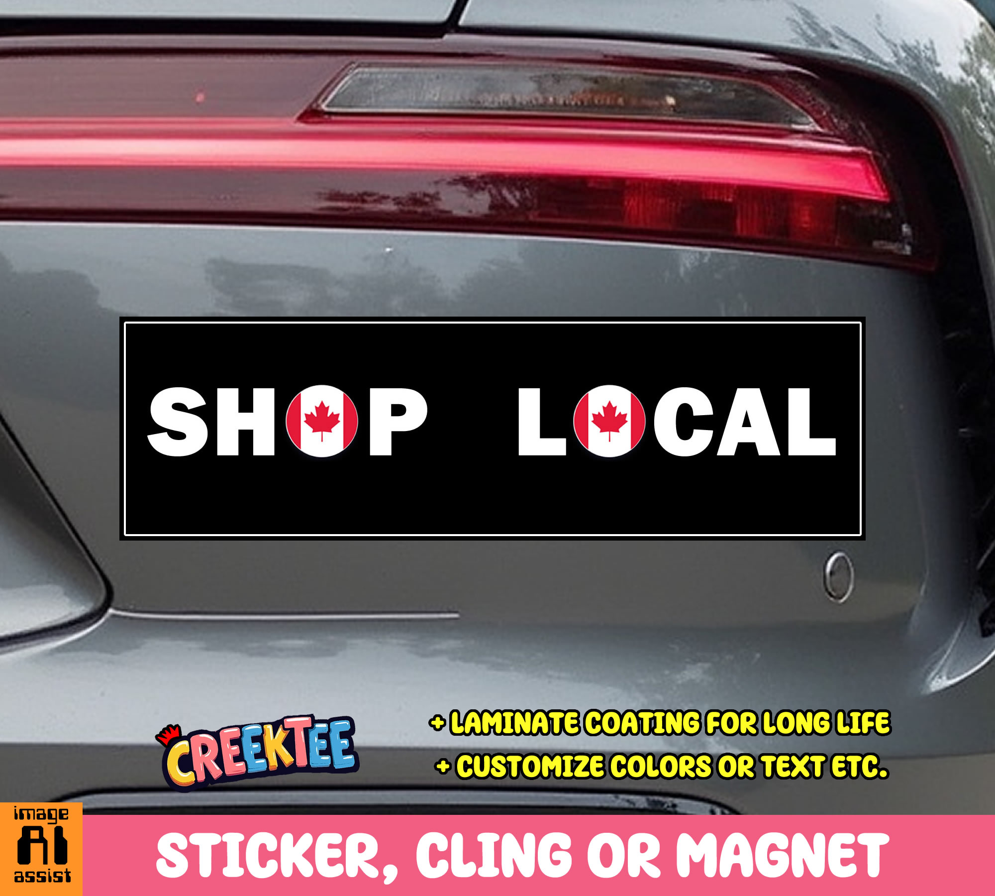 Shop Local Canada Vinyl Bumper Sticker  Window Cling or Magnet in UV Laminate Coating and Various Sizes - Custom Bumper Sticker, Vinyl Sticker, or Magnet