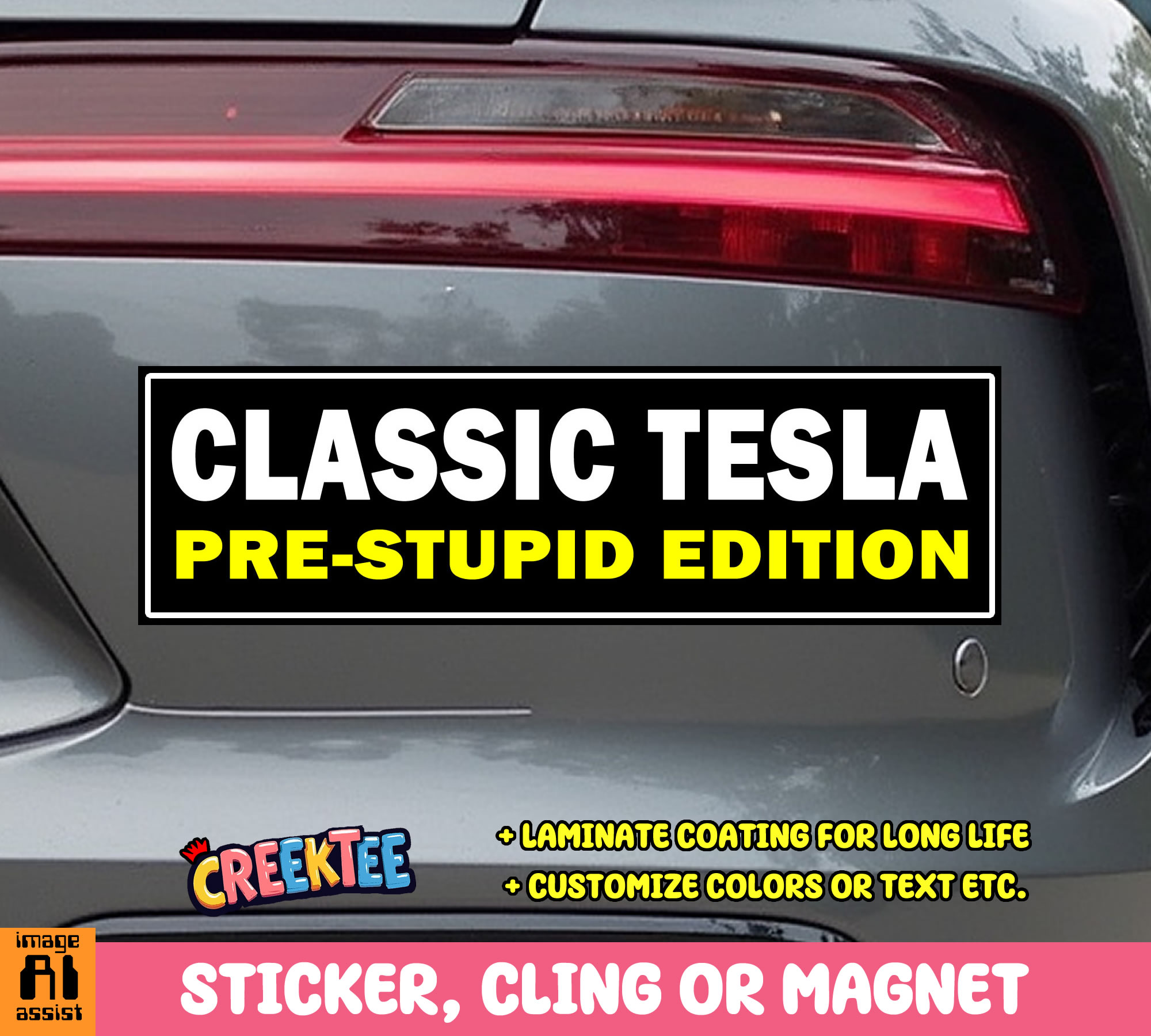 Classic Tesla Pre-Stupid Edition Vinyl Bumper Sticker  Window Cling or Magnet in UV Laminate Coating and Various Sizes - Custom Bumper Sticker, Vinyl Sticker, or Magnet