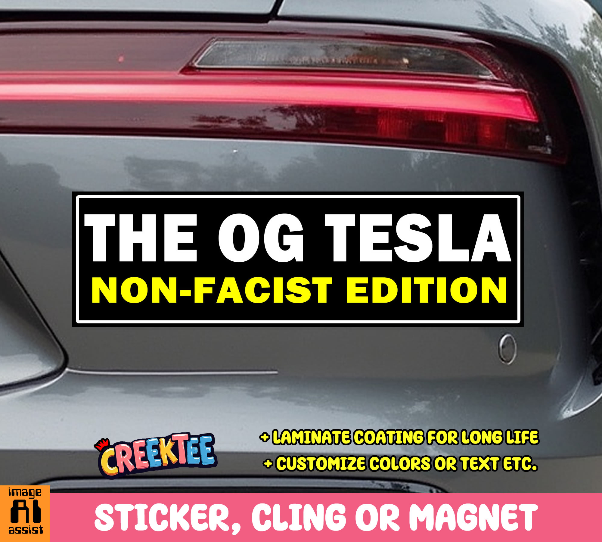 The OG Tesla Non-Facist Edition Vinyl Bumper Sticker  Window Cling or Magnet in UV Laminate Coating and Various Sizes - Custom Bumper Sticker, Vinyl Sticker, or Magnet