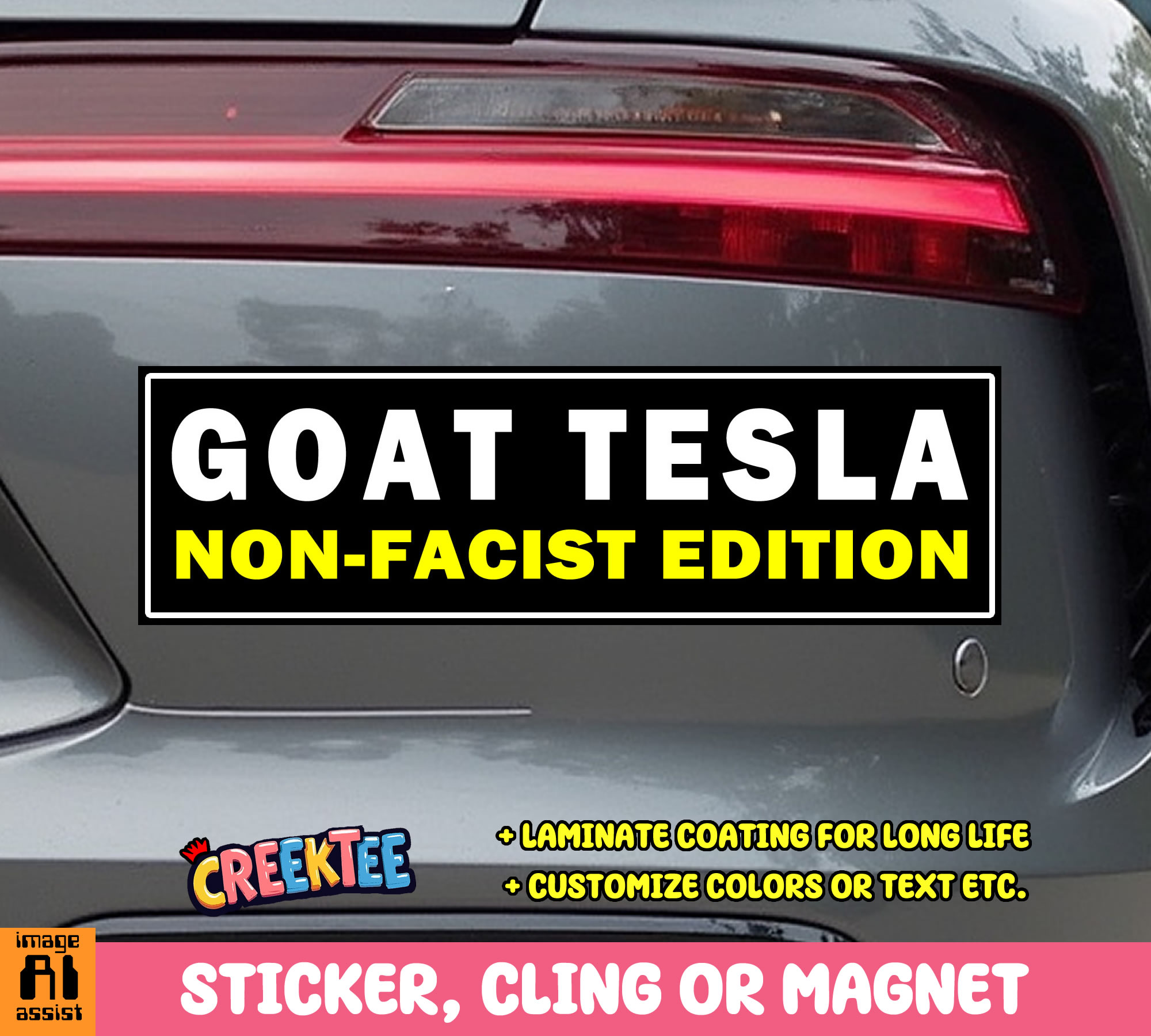 GOAT Tesla Non-Facist Edition Vinyl Bumper Sticker  Window Cling or Magnet in UV Laminate Coating and Various Sizes - Custom Bumper Sticker, Vinyl Sticker, or Magnet