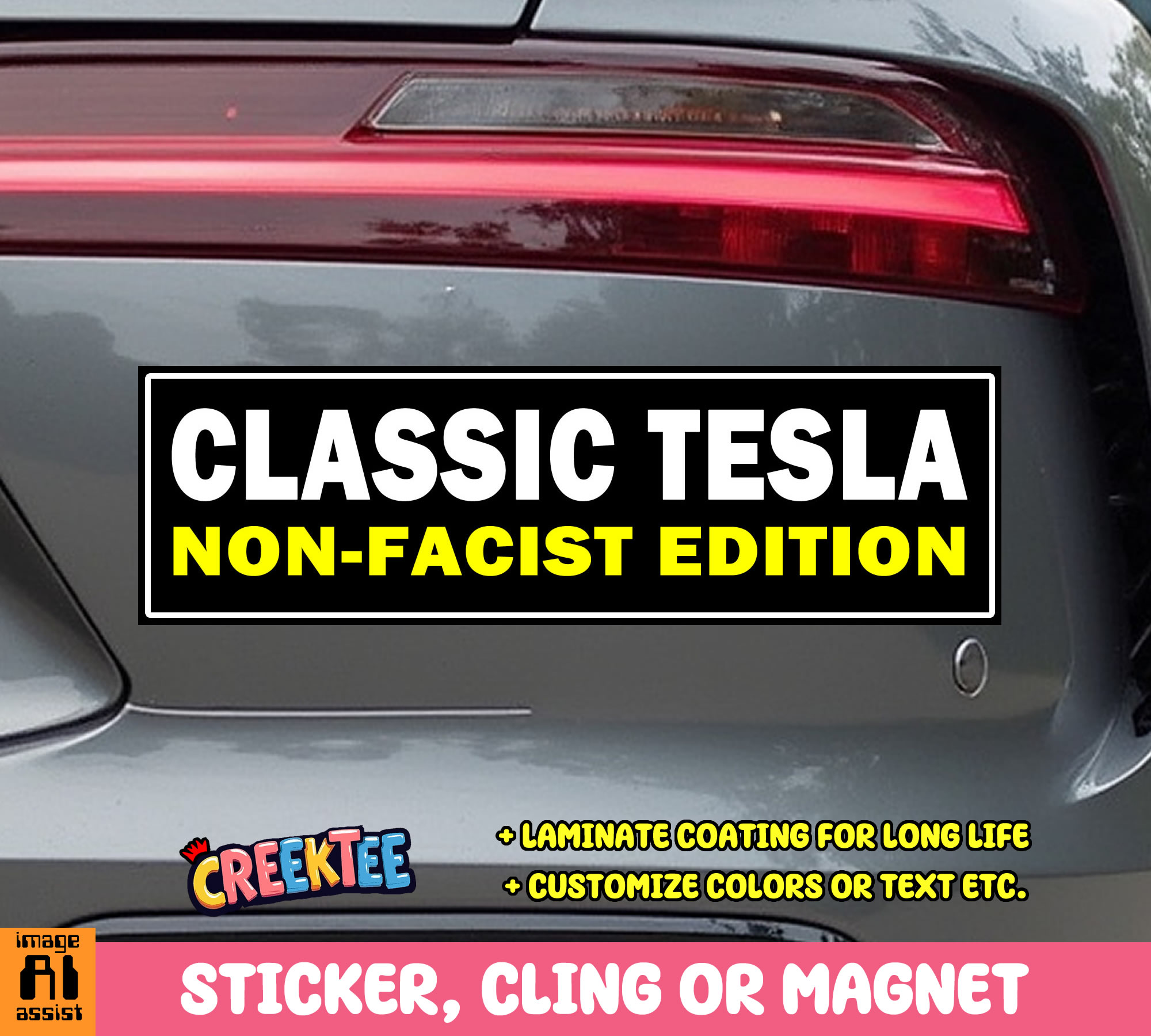 Classis Tesla Non-Facist Edition Vinyl Bumper Sticker  Window Cling or Magnet in UV Laminate Coating and Various Sizes - Custom Bumper Sticker, Vinyl Sticker, or Magnet