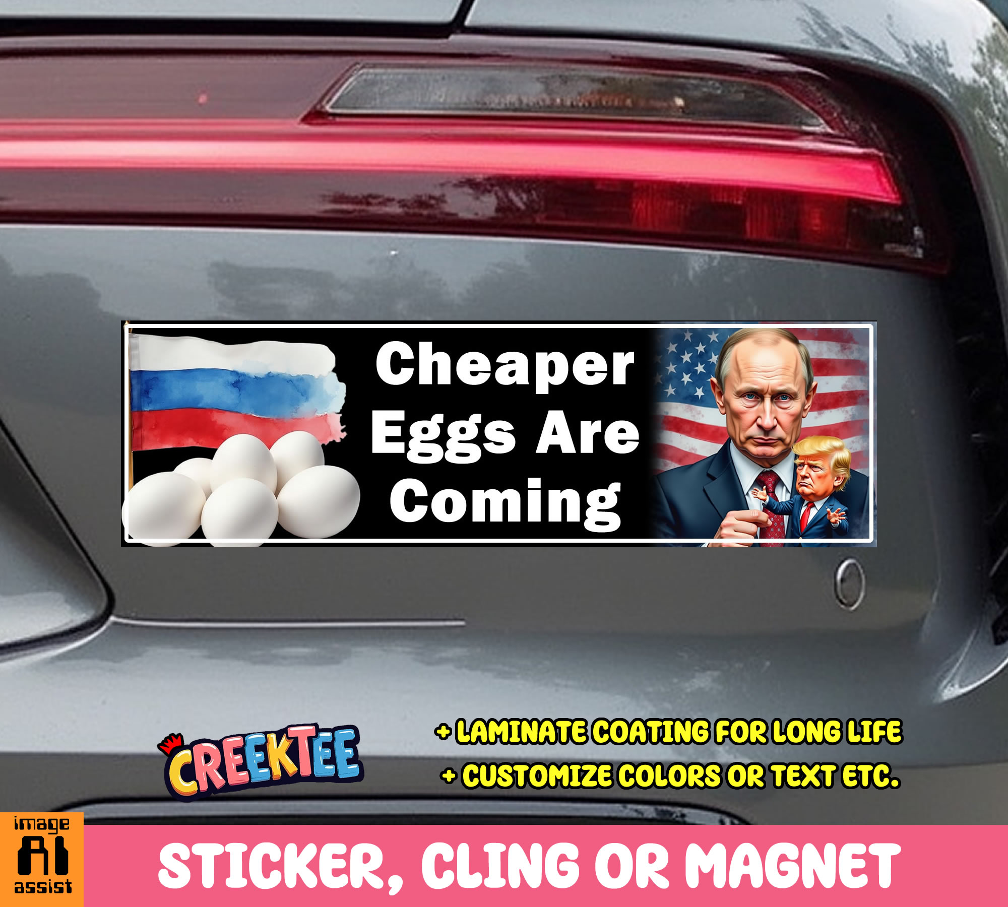 Cheaper Eggs are Coming Vinyl Bumper Sticker  Window Cling or Magnet in UV Laminate Coating and Various Sizes - Custom Bumper Sticker, Vinyl Sticker, or Magnet