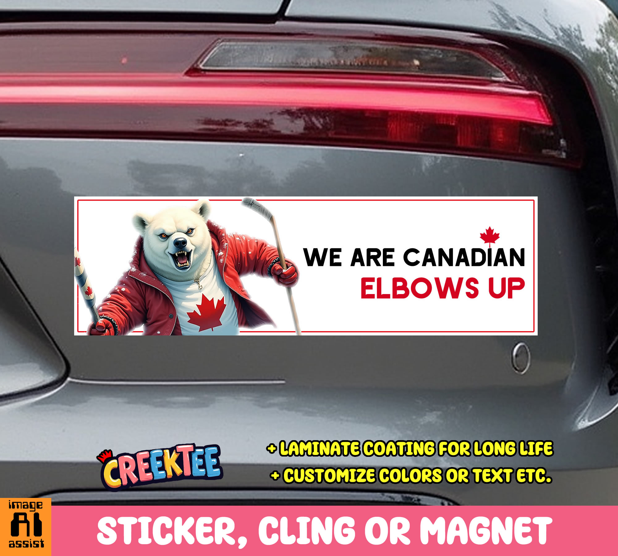 We are Canadian  Elbows Up Vinyl Bumper Sticker  Window Cling or Magnet in UV Laminate Coating and Various Sizes - Custom Bumper Sticker, Vinyl Sticker, or Magnet