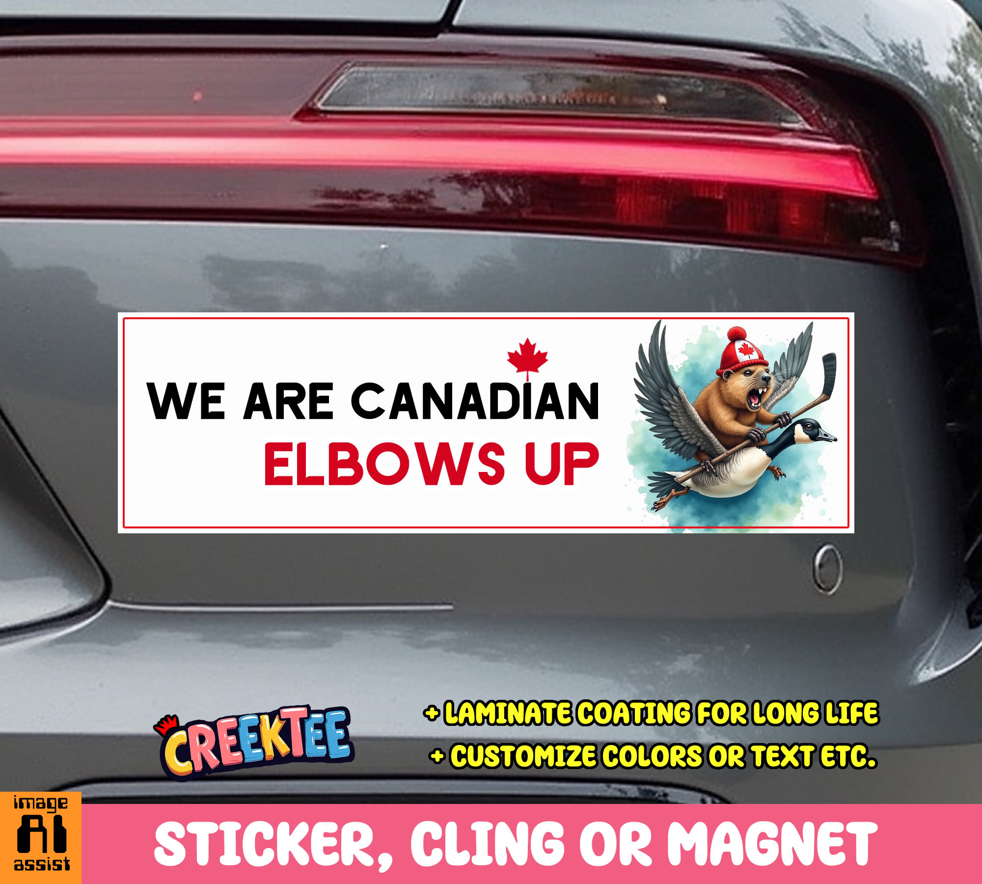 We are Canadian  Elbows Up Vinyl Bumper Sticker  Window Cling or Magnet in UV Laminate Coating and Various Sizes - Custom Bumper Sticker, Vinyl Sticker, or Magnet