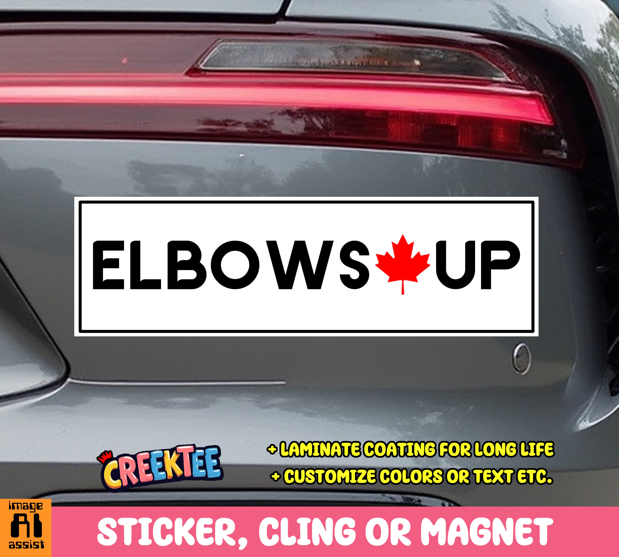 Elbows Up Canada Vinyl Bumper Sticker  Window Cling or Magnet in UV Laminate Coating and Various Sizes - Custom Bumper Sticker, Vinyl Sticker, or Magnet
