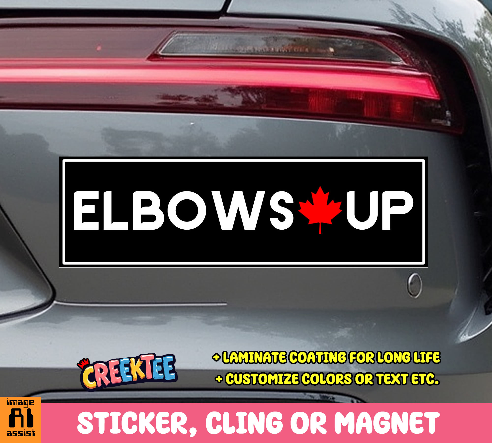 Elbows Up Canada Vinyl Bumper Sticker  Window Cling or Magnet in UV Laminate Coating and Various Sizes - Custom Bumper Sticker, Vinyl Sticker, or Magnet