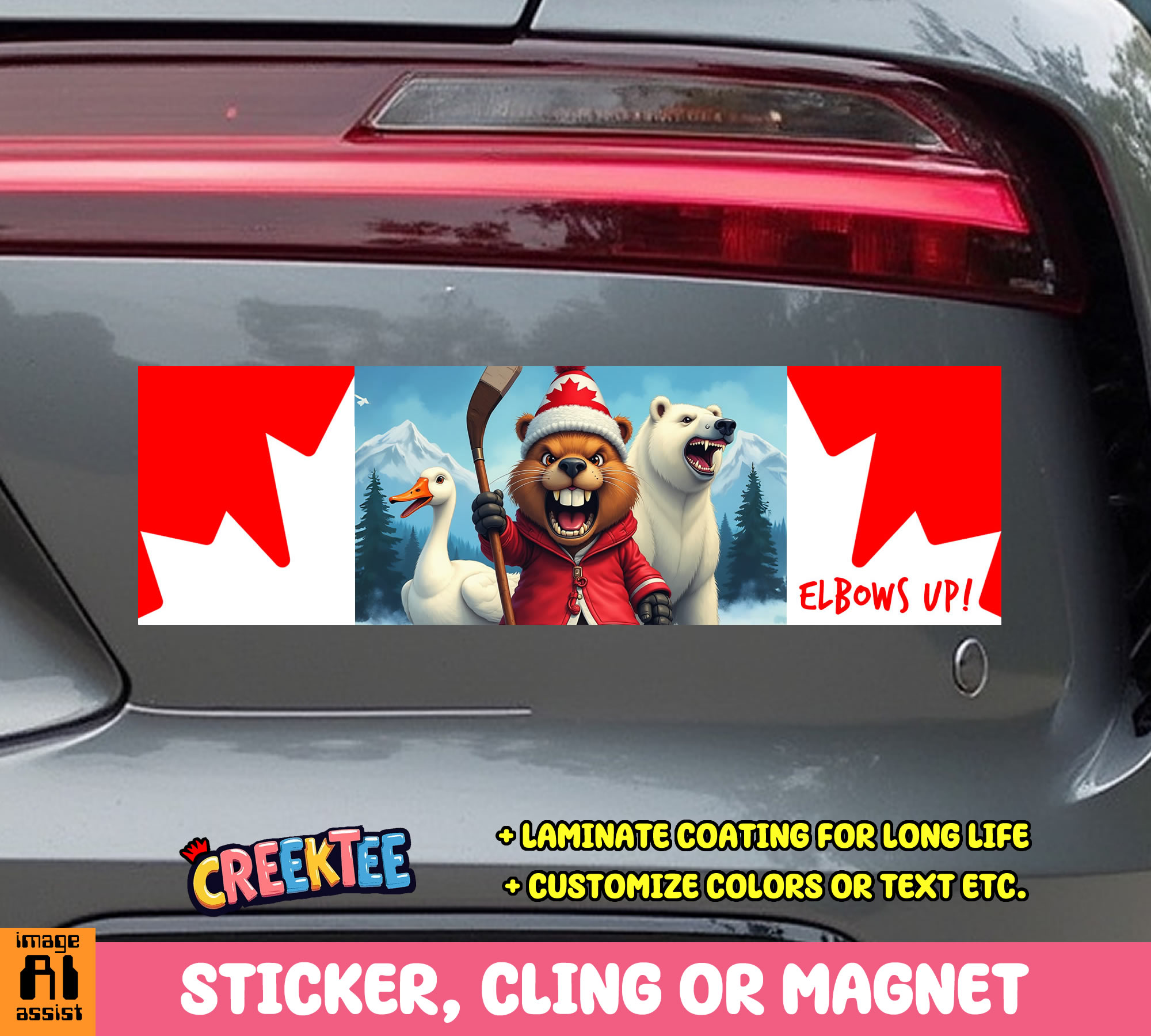 Elbows Up Canada Vinyl Bumper Sticker  Window Cling or Magnet in UV Laminate Coating and Various Sizes - Custom Bumper Sticker, Vinyl Sticker, or Magnet