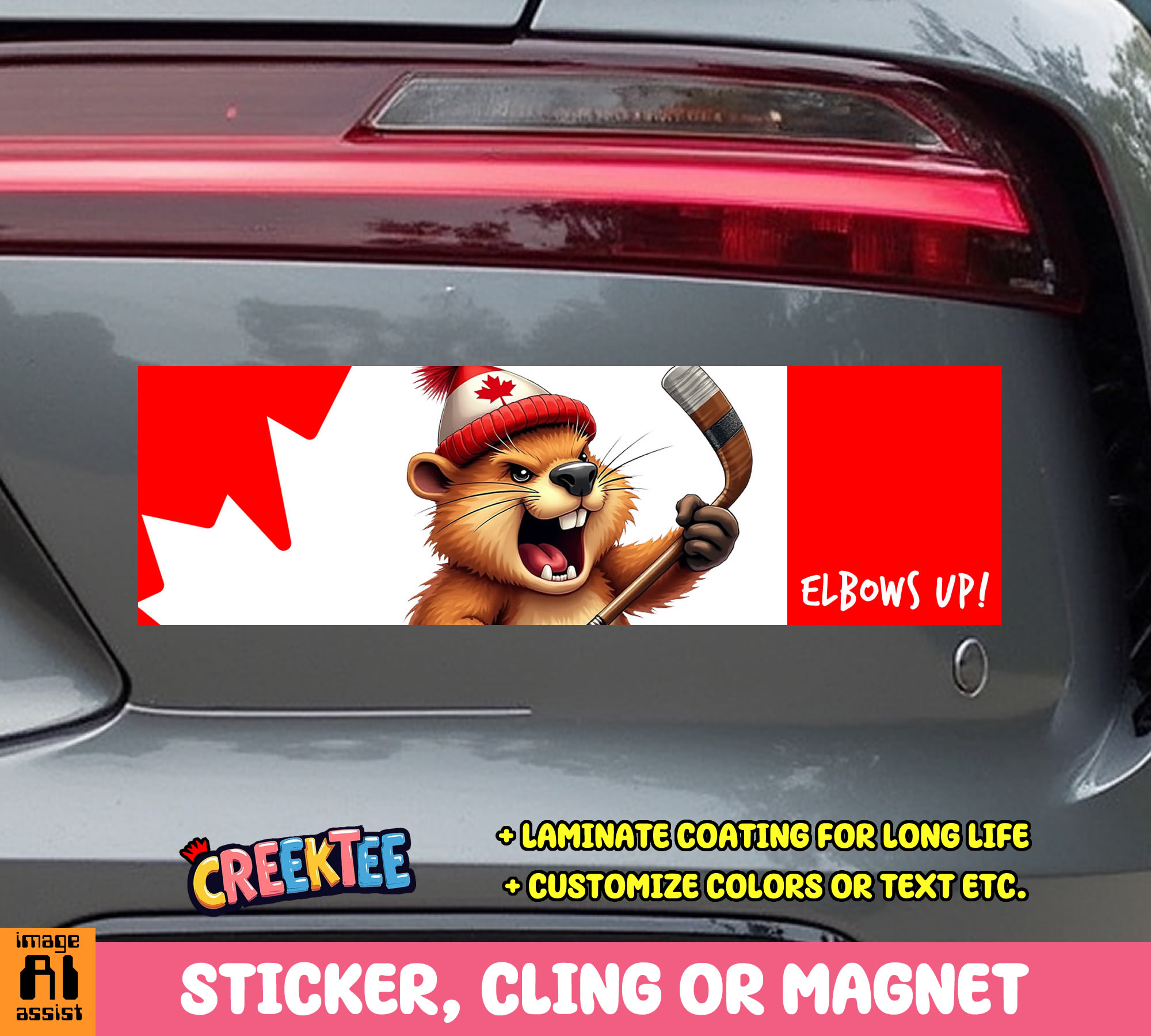 Elbows Up Canada Vinyl Bumper Sticker  Window Cling or Magnet in UV Laminate Coating and Various Sizes - Custom Bumper Sticker, Vinyl Sticker, or Magnet