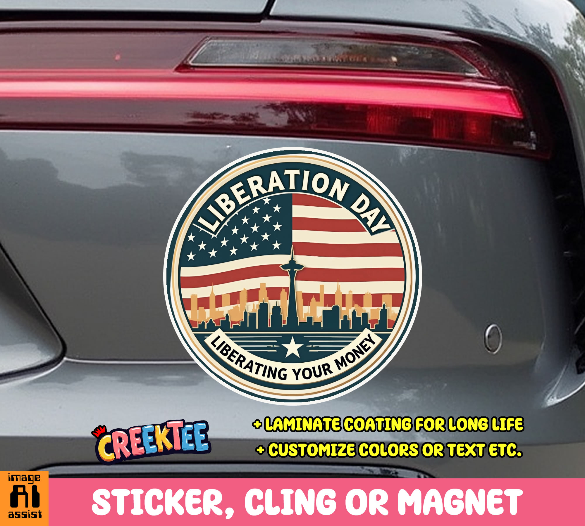 Liberation Day  Liberating your Money Vinyl Sticker  Window Cling or Magnet with Laminate Coating in Various Sizes - Custom Bumper Sticker, Vinyl Sticker, or Magnet
