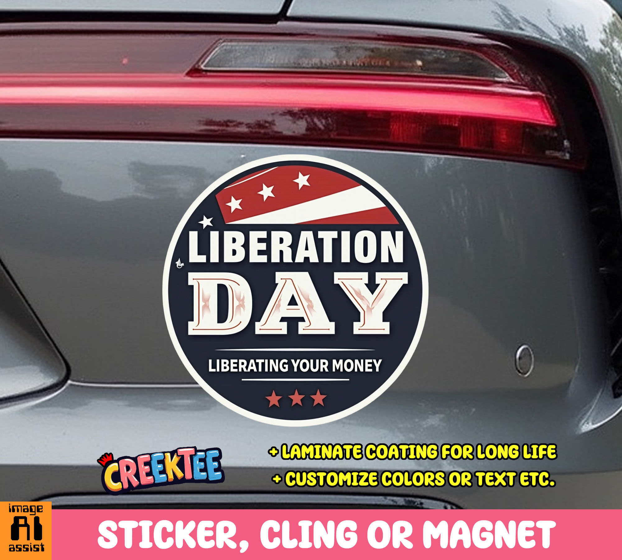 Liberation Day  Liberating your Money Vinyl Sticker  Window Cling or Magnet with Laminate Coating in Various Sizes - Custom Bumper Sticker, Vinyl Sticker, or Magnet
