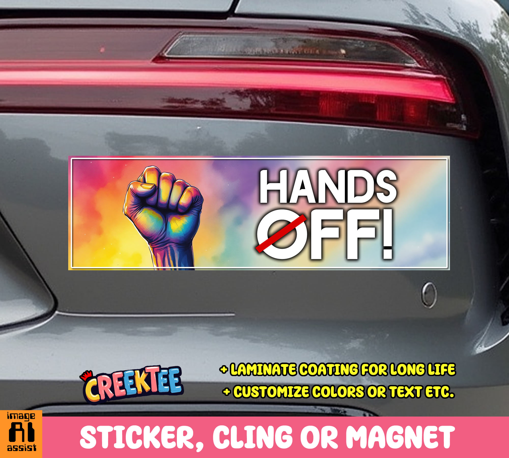 Hands Off  Vinyl Bumper Sticker  Window Cling or Magnet in UV Laminate Coating and Various Sizes - Custom Bumper Sticker, Vinyl Sticker, or Magnet