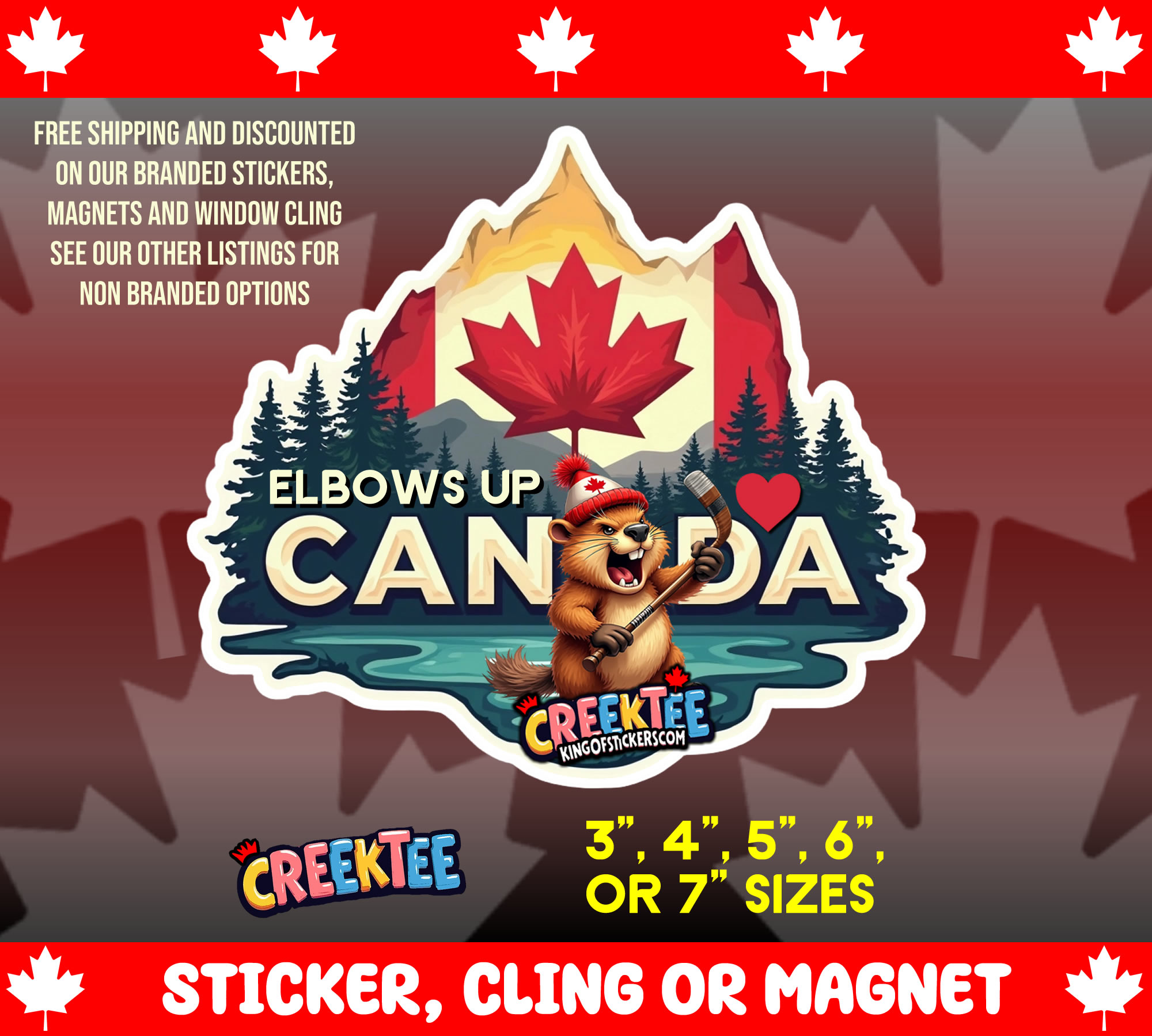 Elbows Up Canada Die Cut Vinyl Sticker  Window Cling or Magnet with Laminate Coating in Various Sizes - Custom Bumper Sticker, Vinyl Sticker, or Magnet