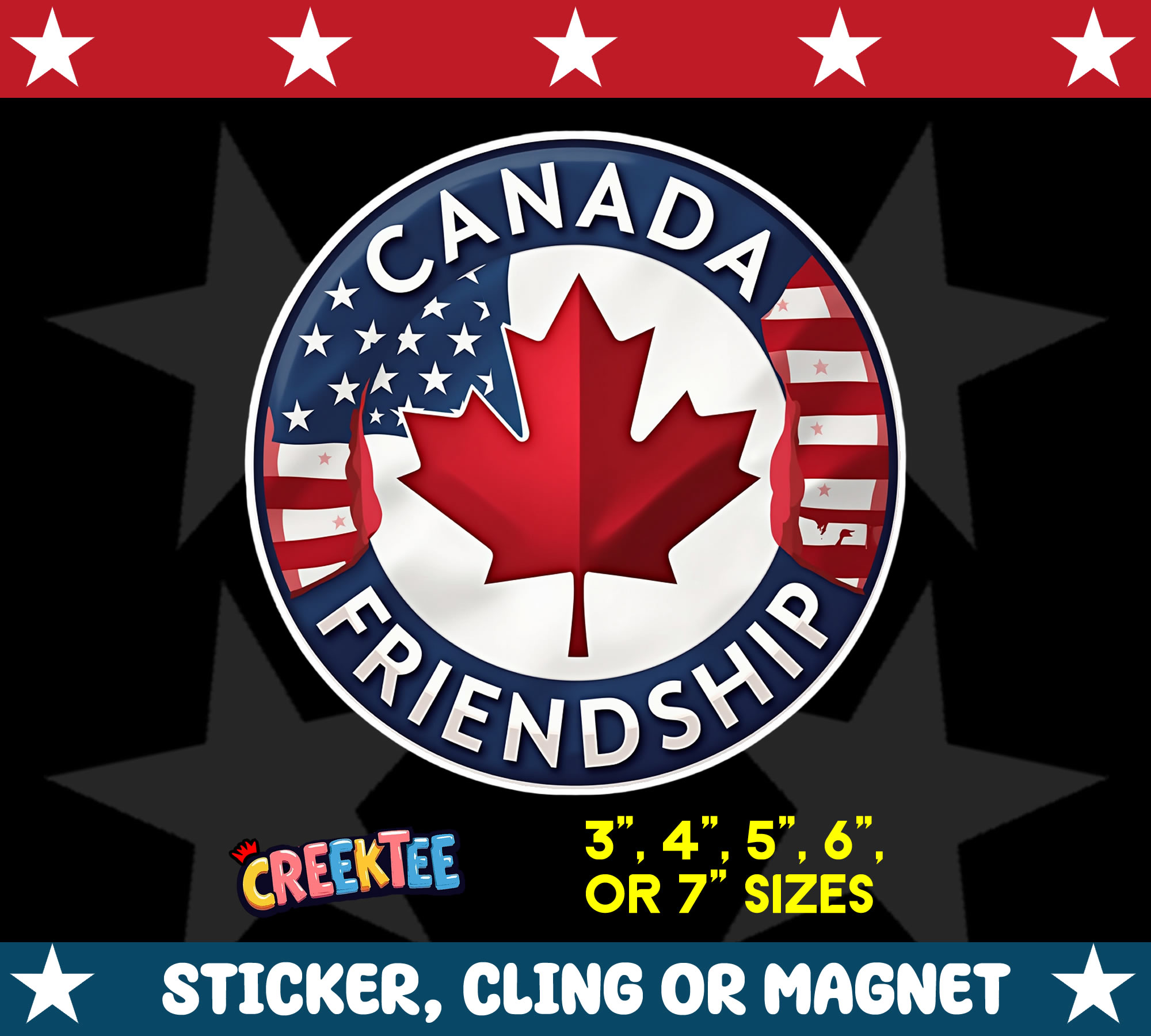 Canada   USA Friendship Die Cut Vinyl Sticker  Window Cling or Magnet with Laminate Coating in Various Sizes - Custom Bumper Sticker, Vinyl Sticker, or Magnet