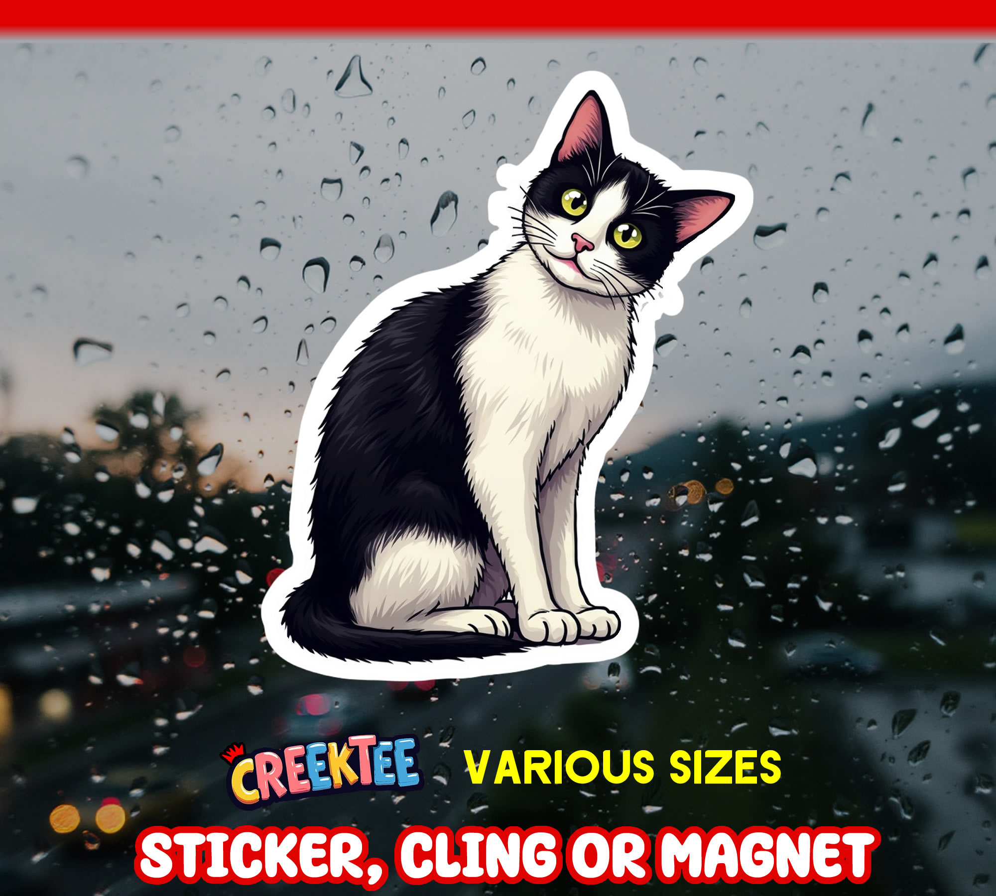 Black and White Cat Die Cut Vinyl Sticker  Window Cling or Magnet with Laminate Coating in Various Sizes - Custom Bumper Sticker, Vinyl Sticker, or Magnet