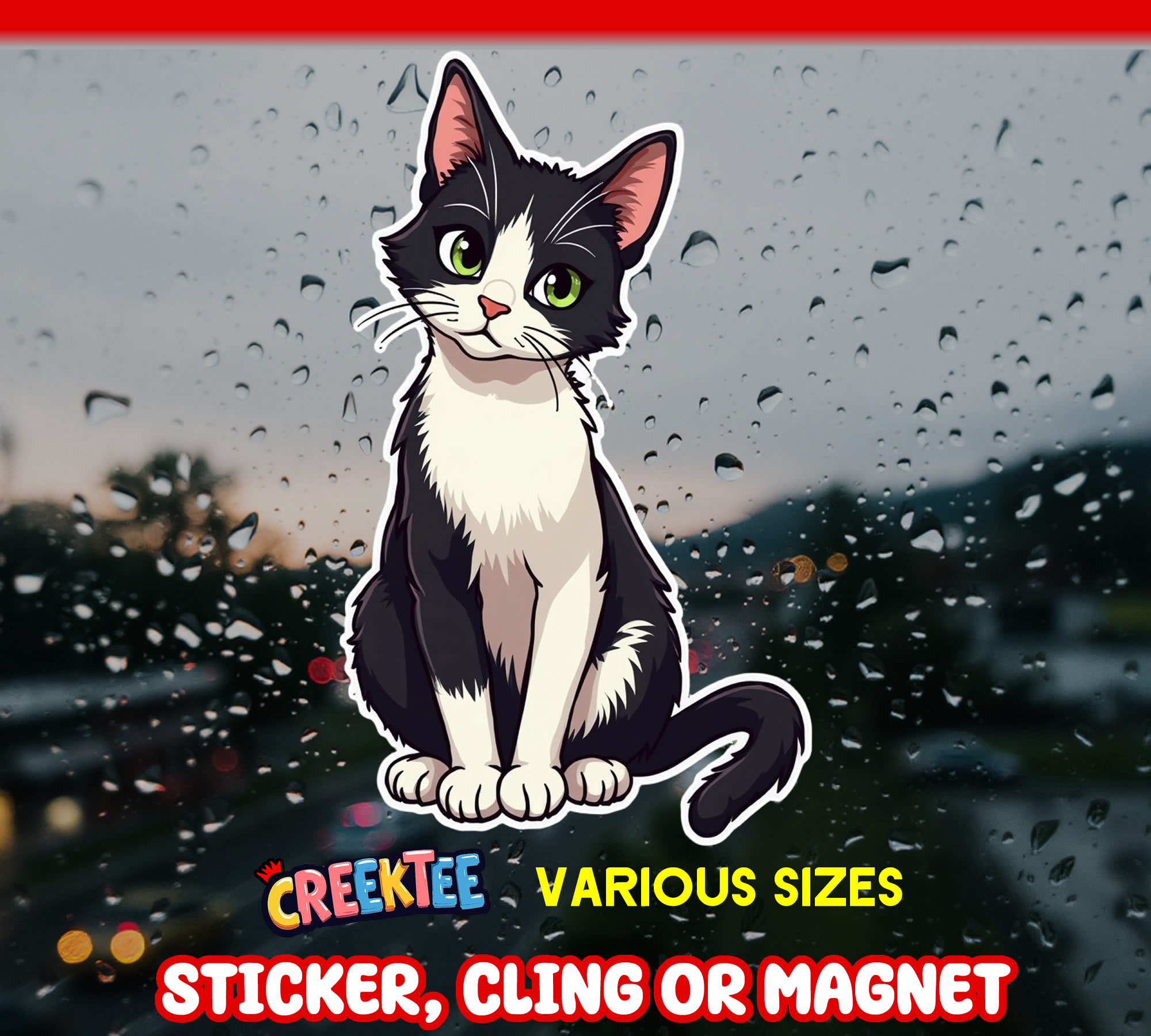Black and White Cat Die Cut Vinyl Sticker  Window Cling or Magnet with Laminate Coating in Various Sizes - Custom Bumper Sticker, Vinyl Sticker, or Magnet