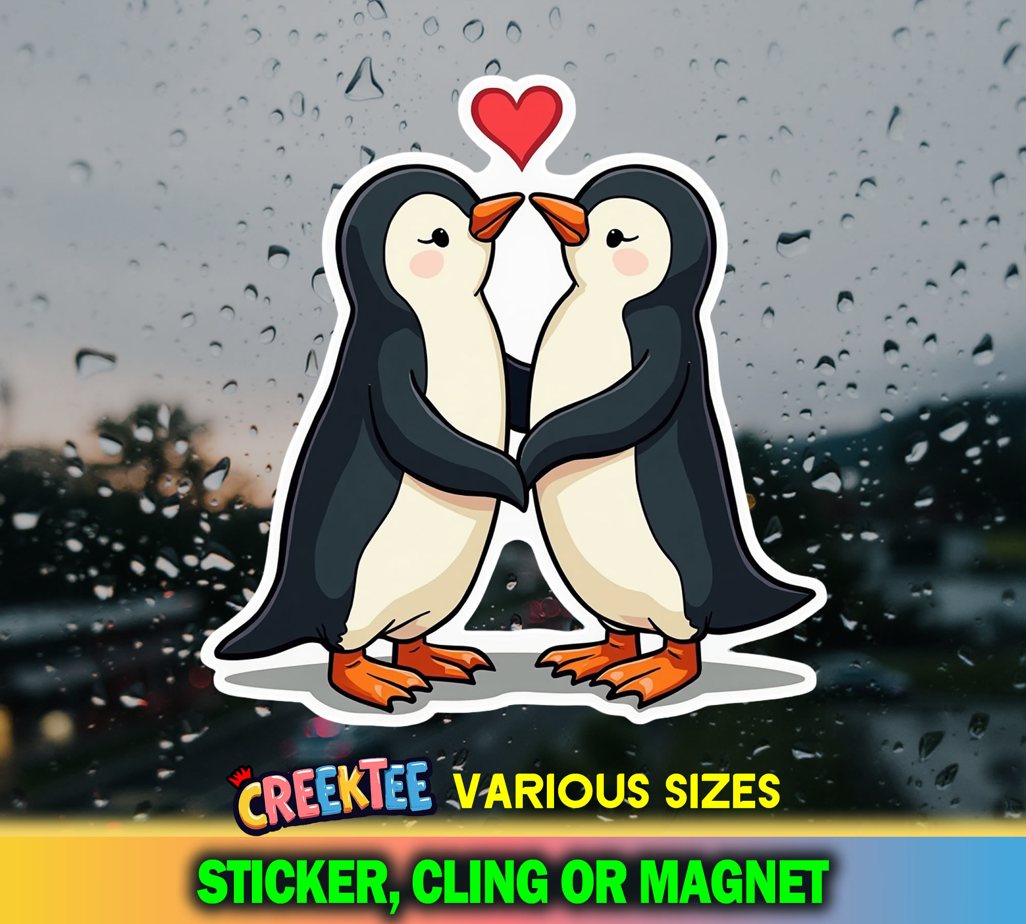 Penguin Love Die Cut Vinyl Sticker  Window Cling or Magnet with Laminate Coating in Various Sizes - Custom Bumper Sticker, Vinyl Sticker, or Magnet