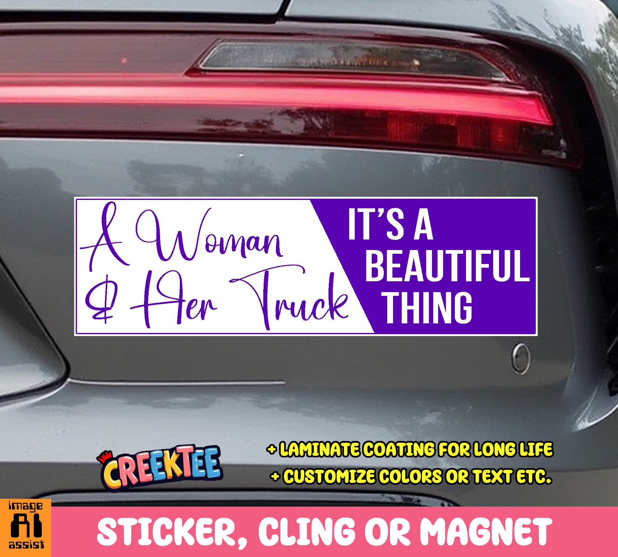 A Woman   her Truck  It s a Beautiful Thing Vinyl Bumper Sticker  Window Cling or Bumper Sticker Magnet in UV Laminate Coating - Custom Bumper Sticker, Vinyl Sticker, or Magnet