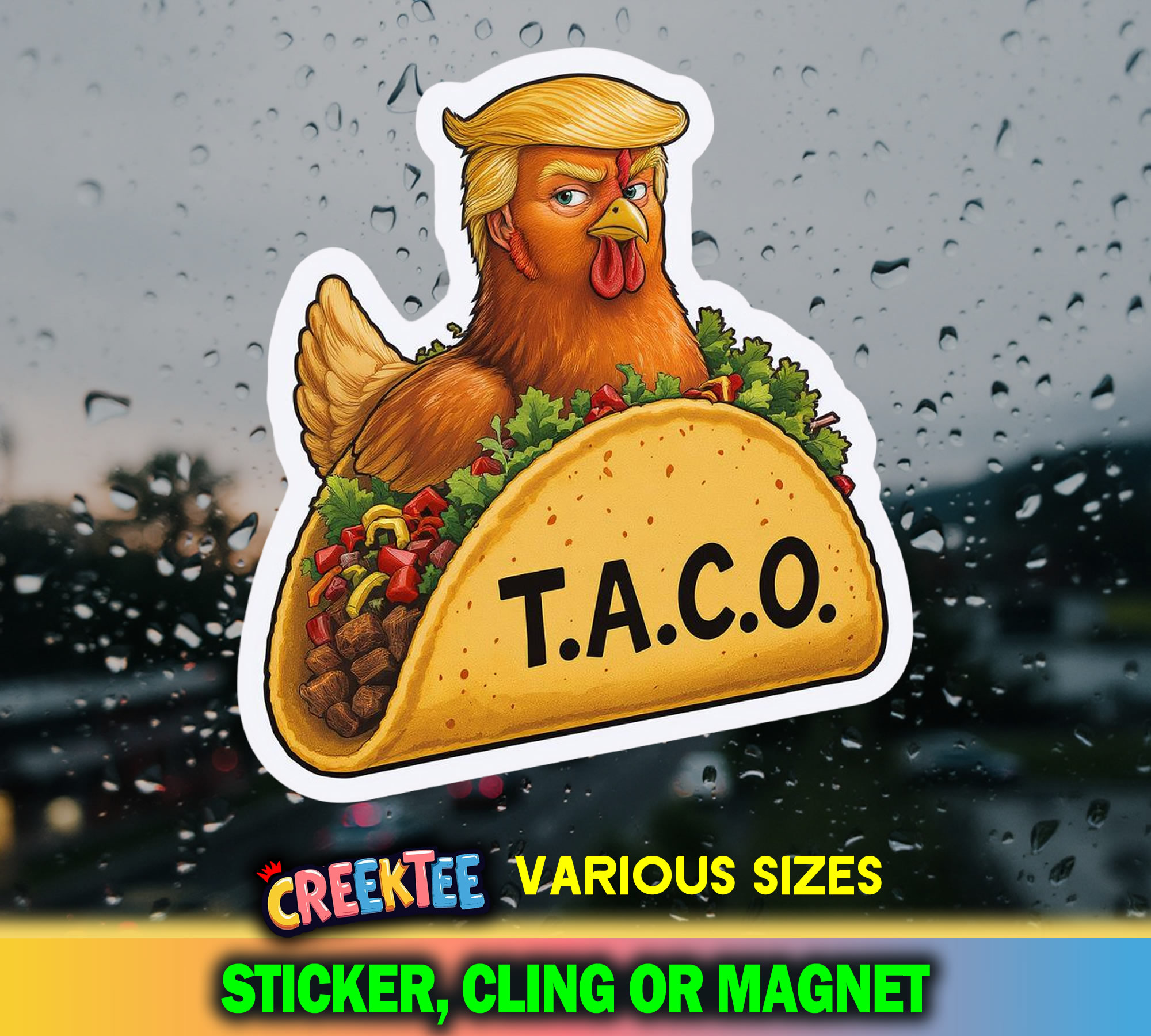 Chicken Taco Die Cut Vinyl Sticker  Window Cling or Magnet with Laminate Coating in Various Sizes - Custom Bumper Sticker, Vinyl Sticker, or Magnet