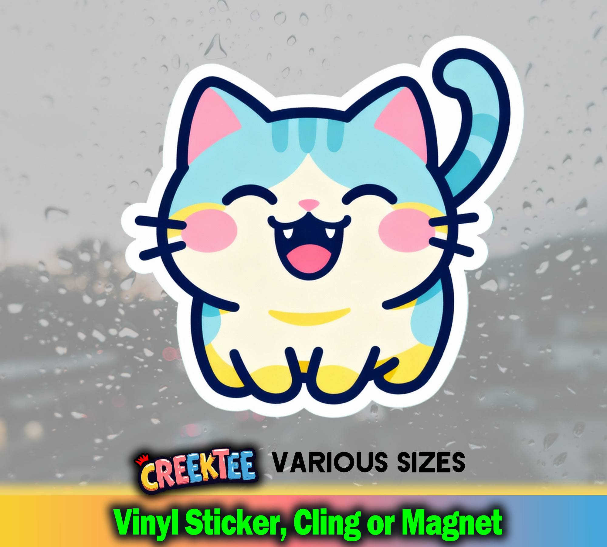 Cute Cat Vinyl Sticker  Window Cling or Magnet with Laminate Coating in Various Sizes - Custom Bumper Sticker, Vinyl Sticker, or Magnet