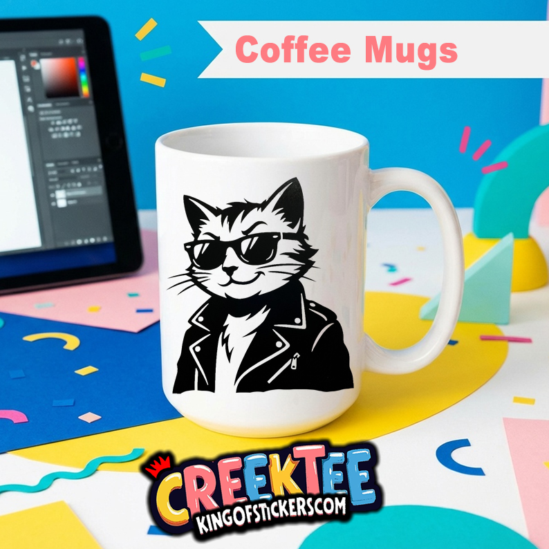 Cool Cat Coffee Mug In Your Custom Print Color - Custom Bumper Sticker, Vinyl Sticker, or Magnet