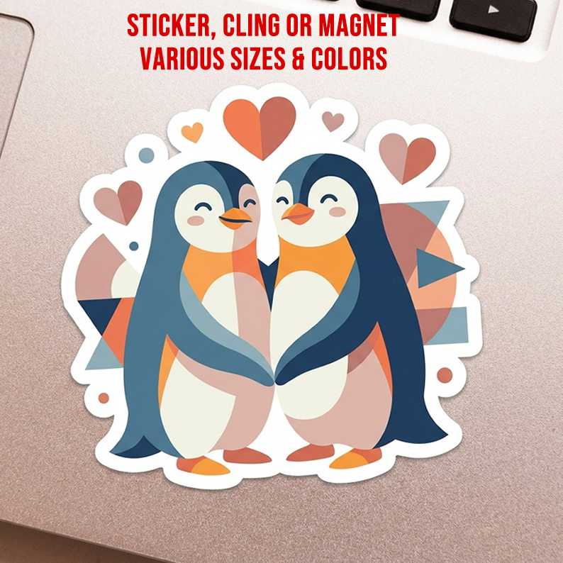 Penguins In Love Die Cut Vinyl Sticker  Window Cling or Magnet with Laminate Coating in Various Sizes